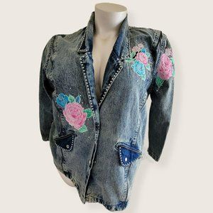 Vintage Embroidered Long Denim Jacket Blazer Zip Accent Woman's Size XL LH8009